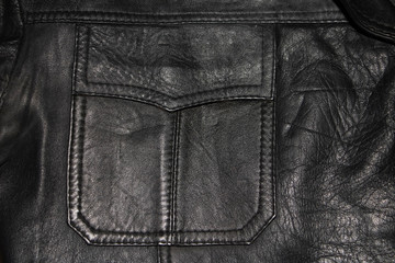 Background, texture of a pocket of a black leather jacket.