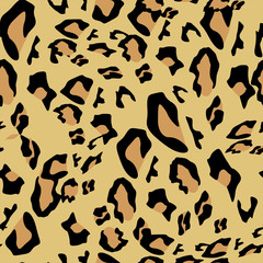 Leopard pattern. Seamless vector print. Realistic animal texture. Black and yellow spots on a beige background. Abstract repeating pattern - leopard skin imitation can be painted on clothes or fabric.