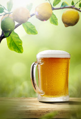 Fresh cold beer on wooden table. Branch of fresh lemons fruits and summer garden background 