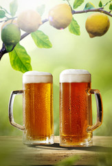 Fresh cold beer on wooden table. Branch of fresh lemons fruits and summer garden background 