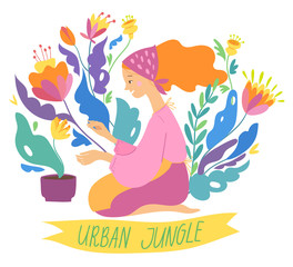 Vector illustration in urban jungle style with woman and home plants 