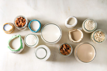 Obraz na płótnie Canvas Variety of non-dairy vegan lactose free nuts and grain milk almond, hazelnut, coconut, rice, oat in glass bottles and ceramic jugs with ingredients above over white marble background. Flat lay, space