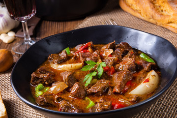 classic beef goulash with peppers and onions