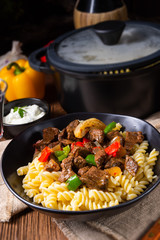 Fussili noodle with klaschise spicy goulash and paprika