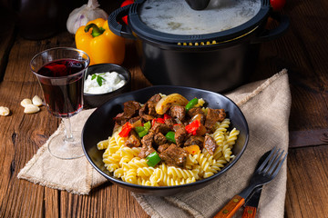 Fussili noodle with klaschise spicy goulash and paprika