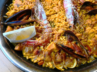 Prawn with rice - closeup of prawn with rice - traditionnal spanish food paella