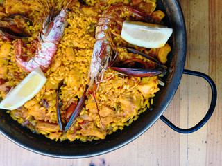 Prawn with rice - closeup of prawn with rice - traditionnal spanish food paella