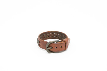 Leather bracelet on white background.