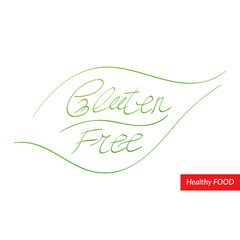 Gluten free hand drawn label. Vector icon for food, healthy eating, menu, design, concept, organic product. Brush lettering, green leaf logo