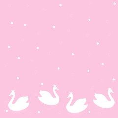 Swans. Seamless vector border pattern  of cartoons white birds on a colored background with hearts.