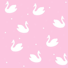 Swans. Seamless vector pattern of cartoons white birds on a colored background with hearts.