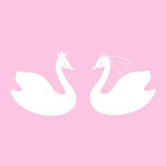 Two swans. Wedding symbols of the bride and groom in veil . Stylized vector graphic isolated on a pink background.