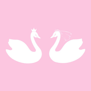 Two swans. Wedding symbols of the bride and groom in veil . Stylized vector graphic isolated on a pink background.