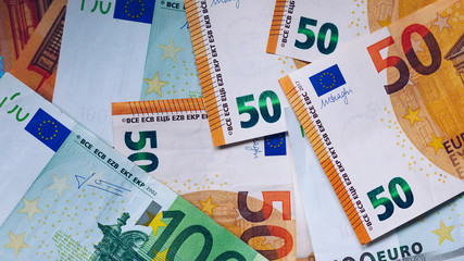 Euro money, Euro cash background. Banknotes of the european union. Euro cash. Many Euro banknotes of different values.