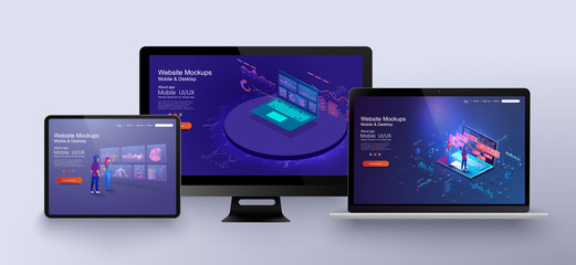 Mobile app infographic template with modern design weekly and annual statistics graphs. Application of laptop with business graph and analytics data on isometric laptop .  Perfect for web design.