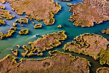 Boat in Dalyan, aerial, Koycegiz, Mugla, Turkey