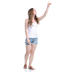 Woman in denim shorts showing pointing on white background isolation