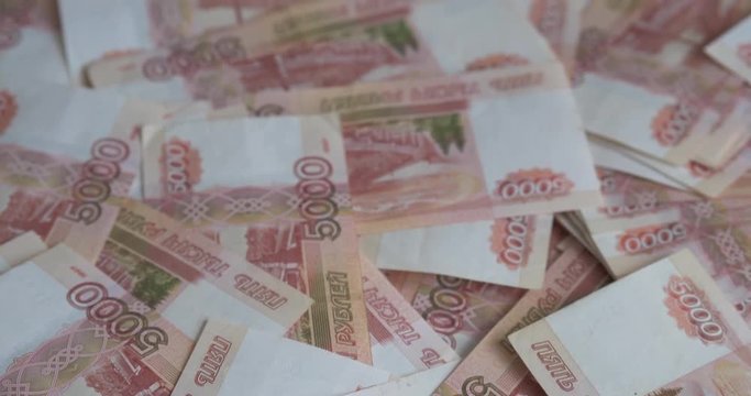 Russian money roubles banknotes, heap of russian rubles