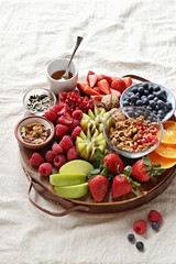 Healthy breakfast board included granola, fruits and berries selection, nuts and honey. Plant based, clean eating, super food, vegetarian concepts.