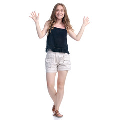 Woman in shorts positive emotions smiling on white background isolation