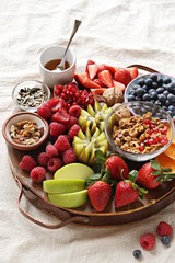 Healthy breakfast board included granola, fruits and berries selection, nuts and honey. Plant based, clean eating, super food, vegetarian concepts.