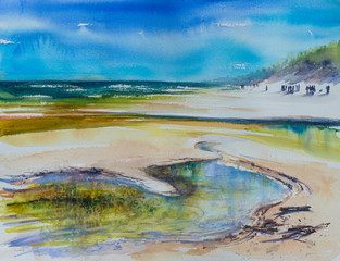Beautiful coastline of Baltic Sea with sandy beach. Picture created with watercolors at open air.