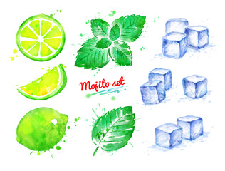 Watercolor illustration set of Mojito ingredients