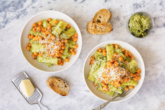Simple rigatoni pasta with spicy chickpeas and  parmigiano cheese
