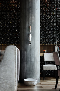 Interior of trendy bar in gray and black colors