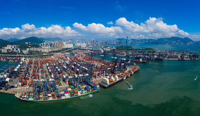 Drone fly over Kwai Chung Cargo Terminal in Hong Kong