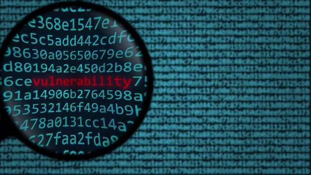 Magnifying glass discovers vulnerability word on computer screen