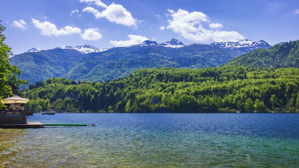 Obraz premium Lake Bohinj in Slovenia, beauty in nature. Colorful summer on the Bohinj lake in Triglav national park Slovenia, Alps, Europe. Mountain Lake bohinj in Julian Alps, Slovenia
