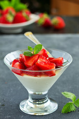 Panna cotta with strawberry sauce and mint.