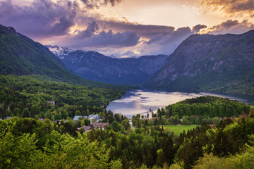 Fototapeta na wymiar Aerial view of Bohinj lake in Julian Alps. Popular touristic destination in Slovenia.