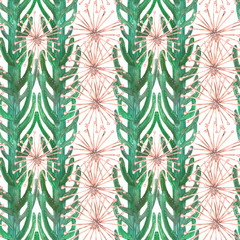 Seamless pattern of gouache green mexican cacti and surreal beige flowers