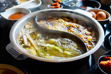 Shabu-Shabu, the tradition Japanese style hotpot which put meat and vegetable boiled in hot soup.