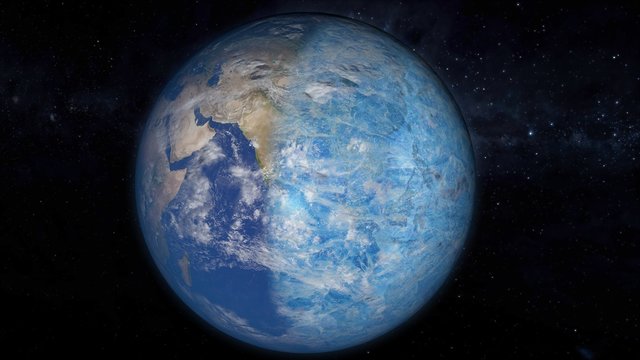 3D illustration of Earth from space. Global cooling covering Earth planet. Apocalypse concept. © lHarbingerl