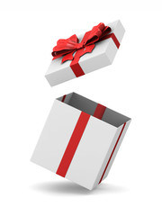 open white gift box with red bow on white background. Isolated 3D illustration