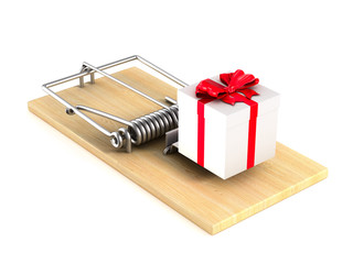 mousetrap and gift box on white background. Isolated 3D illustration