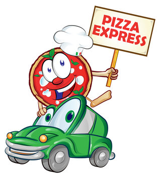 Pizza express delivery car cartoon with signboard