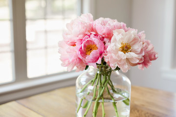 bouquet of pink peonies in a glass vase in a light filled room