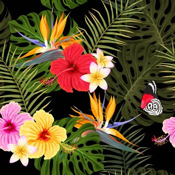 Seamless pattern with hibiscus and palm leaves