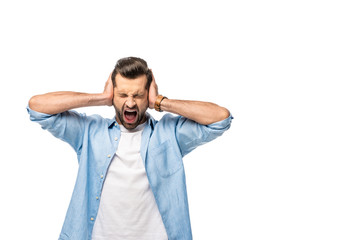 screaming man covering ears with hands Isolated On White with copy space