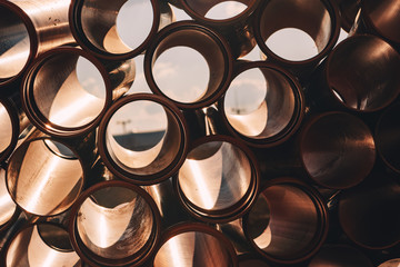 Plastic sewer pipes on construction site for repairing