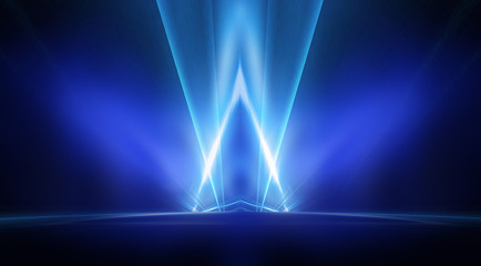 Empty stage, blue neon, abstract blue background. Rays of searchlights, light, abstract tunnel, corridor.