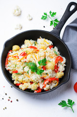 Rice with Vegetables in a Skillet, Homemade Vegetarian Dish