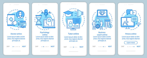 Online support onboarding mobile app page screen with linear concepts