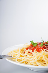 Macaroni with tomato sauce on white background