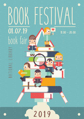 Funny Cartoon People Reading on Books Stacked in Rocket Silhouette. Concept - Knowledge, Space, Wisdom. Vector Illustration. Retro Design for Literature Event, Bookstore Advertising, Book Fair.