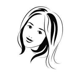 Woman  young face, black outline on white background